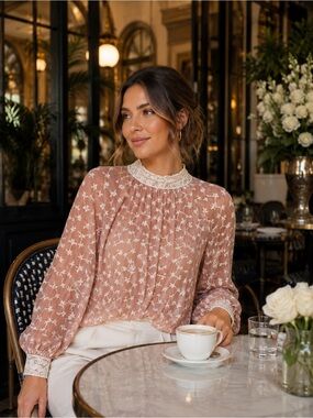 ZARA Blush Pink Embroidered Sheer Blouse | Romantic Lace Mock Neck Balloon